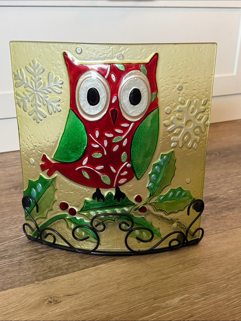 Vintage Hand Painted Glass Christmas Owl Candle Holder Large Metal Stand 10”